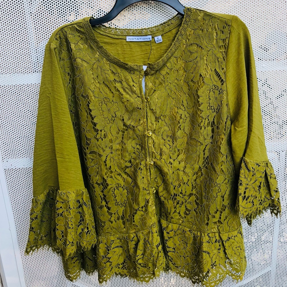 Notations - Brand New w/Tags! Olive Lace Button-Front Blouse with Bell Sleeves